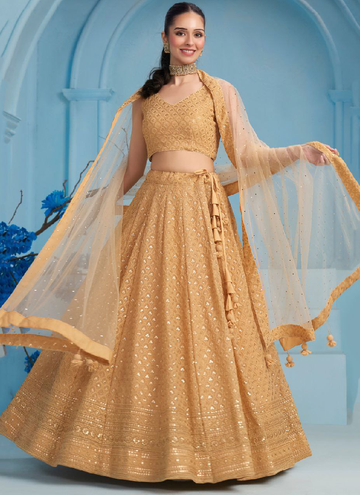 Bollywood Beige Georgette Lehenga choli with elegant sequin thread embroidery work.